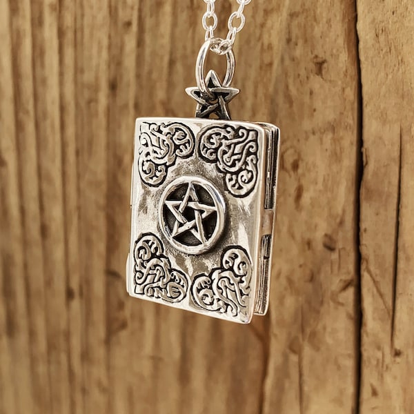 Sterling Silver Grimoire Locket Pentagram Necklace Book Of Shadows Witch Priestess Spells Magic Keepsakes Amulet Gothic Wiccan Gothic Pagan