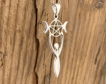 Fertility Goddess Pendant Necklace Sterling Silver Pentagram Triple Moon New Mother Maiden Crone Earth Air Pagan Wiccan Gothic Halloween