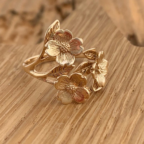 Dogwood Flower Leaf Ring Adjustable Bronze Gold Flowers Nature Easter Springtime Religious Christian Rebirth Mothers Day Gift Boxed