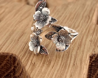 Dogwood Flower Leaf Ring Sterling Silver Adjustable Flowers Nature Easter Springtime Religious Christian Rebirth Mothers Day Gift Boxed