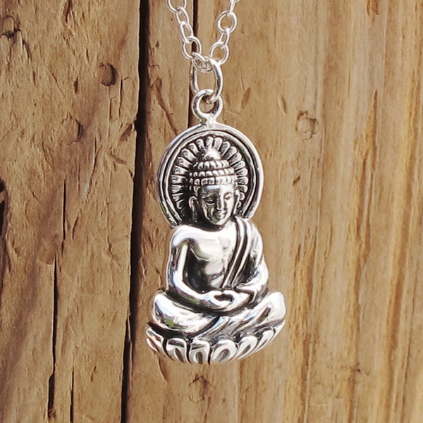 Sterling Silver Large Buddha Charm Pendant Necklace Lotus Blossom Gift Boxed Yoga Buddhist Hindu Spiritual Religious Meditation