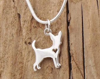 Tiny Chihuahua Dog Pendant Necklace Heart Sterling Silver Gift Box Pet Loss Puppy Silhouette Unisex Childrens Dog Lover Valentine Gift