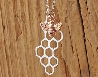 Rose Gold Bee Sterling Silver Honeycomb Pendant Necklace Gift Box Worker Bee Honeybee Bumblebee Mothers Day