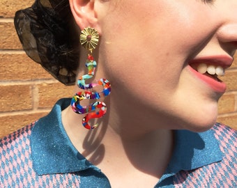 Gold Sun Multi Coloured Snake Resin Earrings Long Large Tortoiseshell Tropical Acetate Epoxy Lucite Serpent Colorful Rainbow Ouroboros