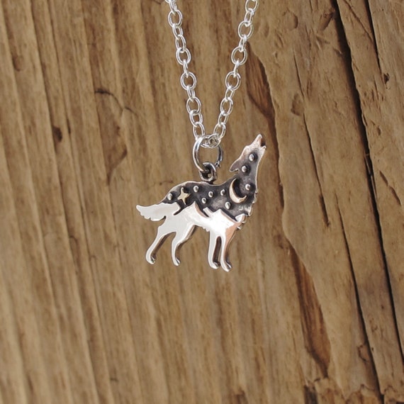 Howling Wolf Pendant Necklace Moon Star Sterling Silver Bronze Celestial Charm Mountain Range Dog Desert Power Animal Gift Boxed Hiking