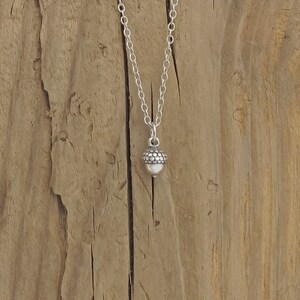 May include: A silver acorn pendant necklace on a silver chain. The pendant is small and detailed, with a textured surface.