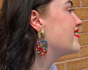 Monstera Leaf Resin Tutti Frutti Earrings Gold Sun Stud Large Multi Coloured Tortoiseshell Rainbow Tropical Nature Acetate Colourful  Lucite