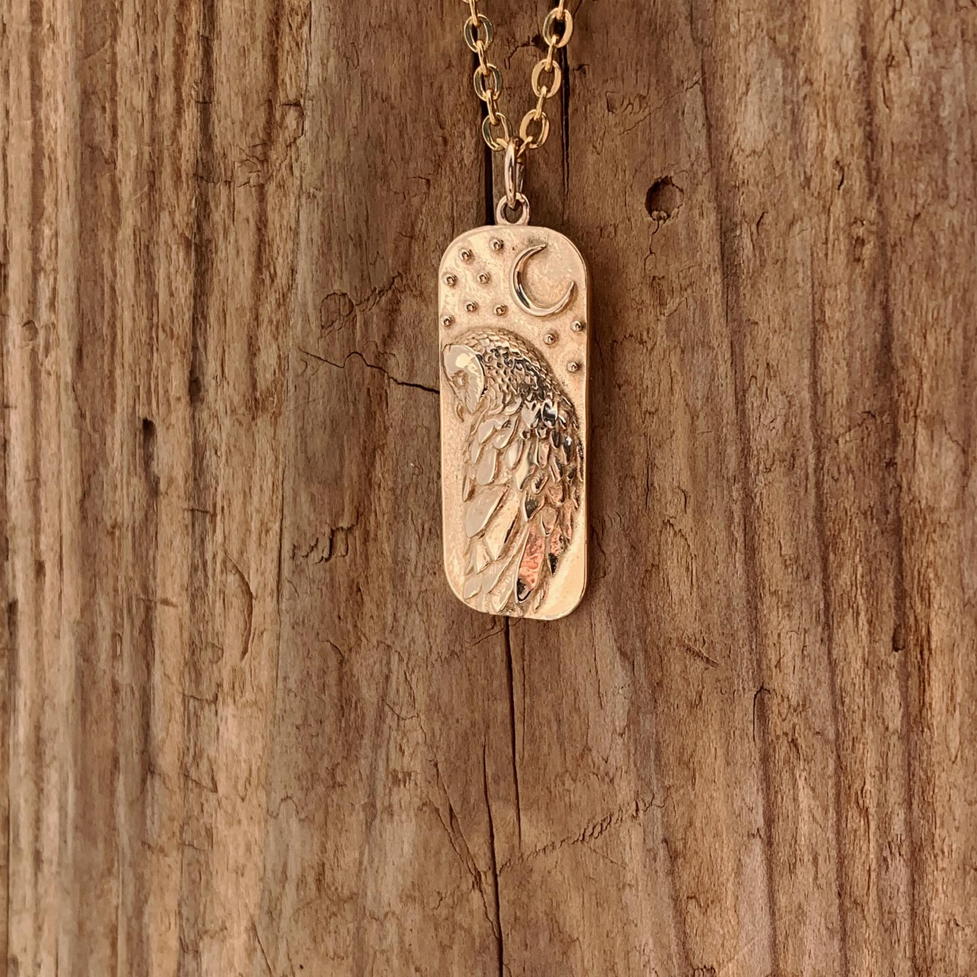 Owl Moon Pendant Necklace Gold Plated Bronze Necklace Wise Barn Falconary Wisdom Intuition Halloween
