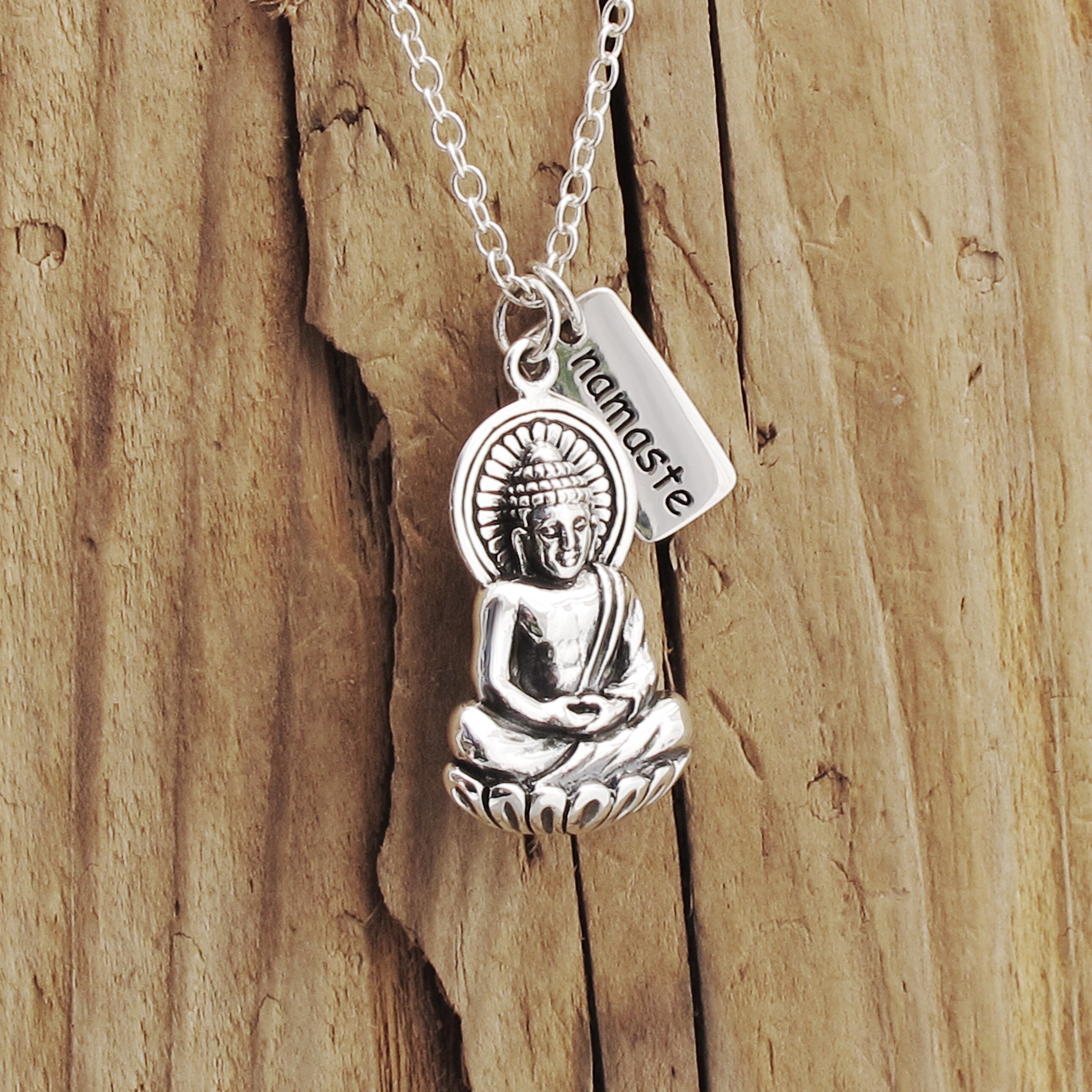 Sterling Silver Large Buddha Pendant Namaste Charm Necklace Etsy