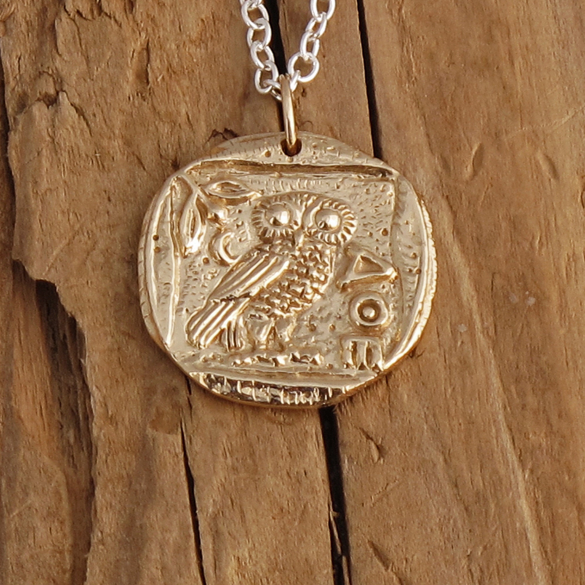 Ancient Coin Athena Owl Pendant Necklace Bronze Sterling Silver Mixed Metals Goddess Unisex Gift Boxed Greek Mythology Wisdom