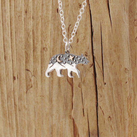 Bear Mountain Pendant Necklace Moon Star Sterling Silver Bronze Celestial Charm Power Animal Gift Box Landscape Range Hiking Great Outdoors