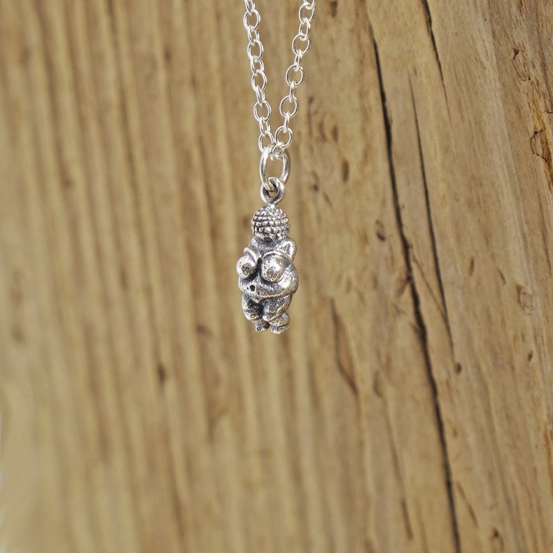 Venus of Willendorf Fertility Goddess Pendant Necklace Sterling Silver Dainty Textured Realistic Gift Boxed Pagan Wicca Motherhood Baby Archaeologist Stone Age