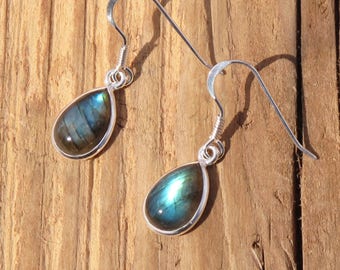 Sterling Silver Labradorite Teardrop Gemstone Pierced Earrings