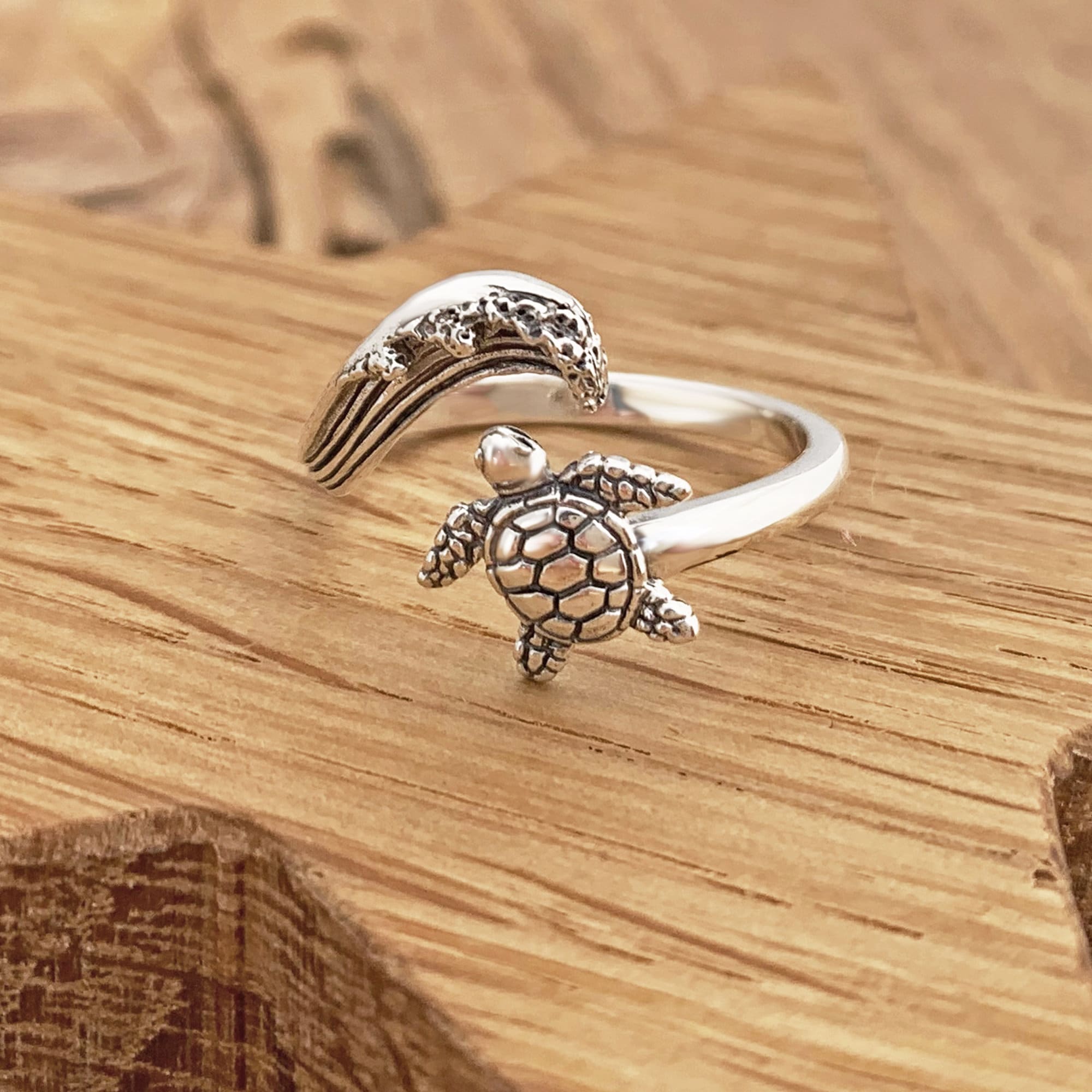 Sea Turtle Ocean Wave Ring Adjustable Sterling Silver Animal