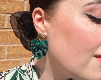 Monstera Leaf Resin Earrings Emerald Green Gold Stud Tortoiseshell Tropical Nature Acetate Christmas Stocking Fillers Stuffers Epoxy Lucite