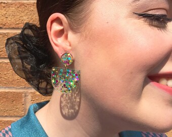 Confetti Sequin Glitter Resin Earrings Disco Clear Studio 54 Acetate Transparent Dangle Pink Aqua Rainbow Epoxy Lucite Half Moon Geometric