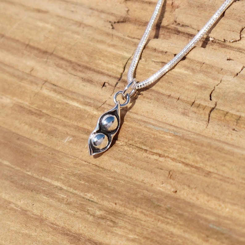 May include: A silver pea pod pendant with two round peas, suspended from a delicate silver chain. The pendant is highly polished and reflects light. The necklace rests on a textured wooden surface.