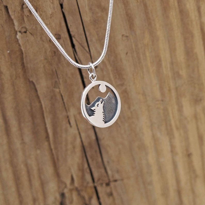 Howling Wolf Mountain Pendant Necklace Sterling Silver Moon Dog Desert Power Animal Gift Boxed Gift For Boyfriend Gothic image 1