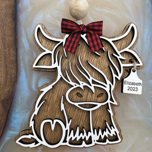 Personalized Highland Cow Ornament | 2023 Cow | 2023 Highland Cow | Scotland Ornament | Baby Cow | Baby Shower Gift | Pregnancy Announcement