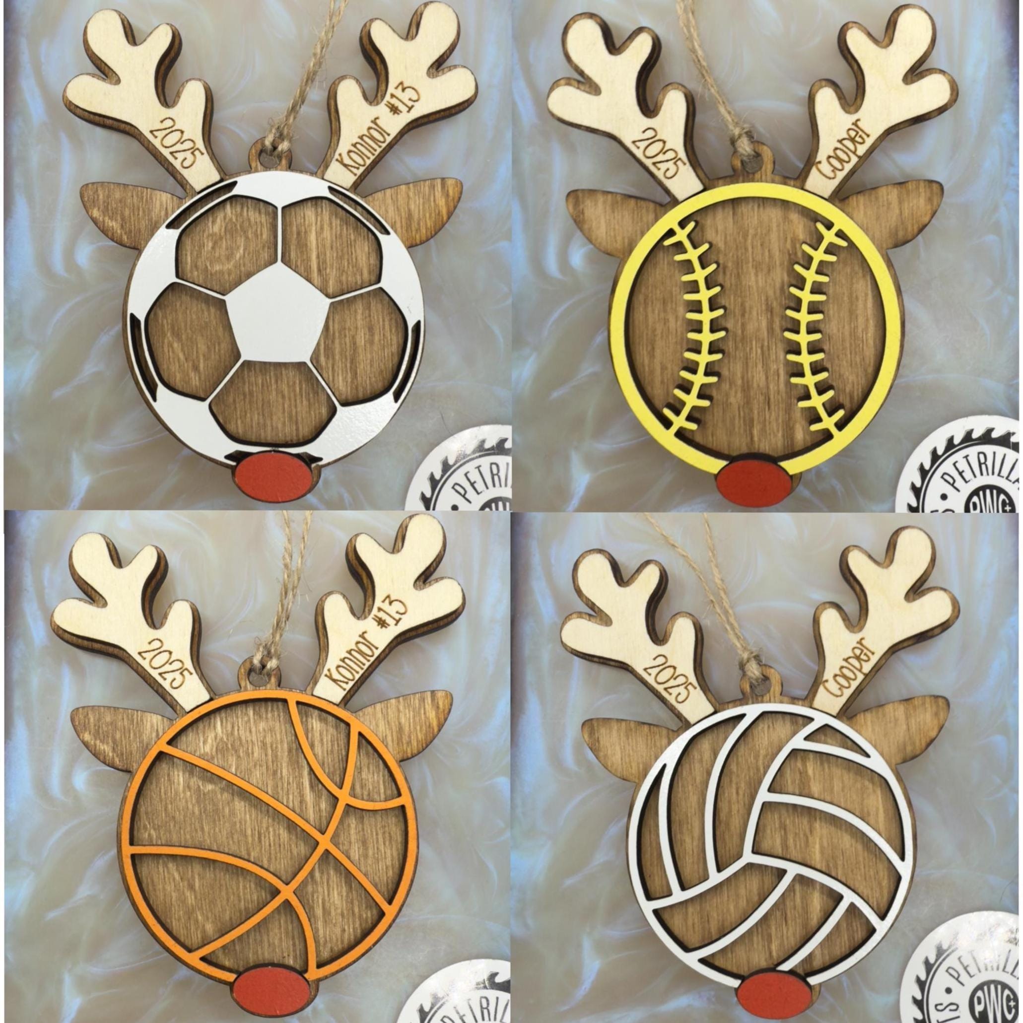 Personalized Sports Ornament| Baseball | Volleyball | Basketball | Coach Gift | Pickleball | Dodgeball | Golf | Soccer | Softball | Reindeer