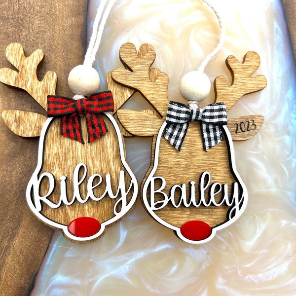 Personalized Reindeer Christmas Stocking Tags With Bow | Reindeer Girl Tags | Personalized Reindeer Girl Ornament | Christmas Stocking