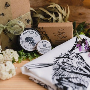 Bees Gift Set: Linen Tea Towel, Honey Soap, Hand & Lip Balm