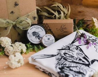 Bees Gift Set: Linen Tea Towel, Honey Soap, Hand & Lip Balm