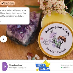Nina's Bees Restoring Hand Balm has been awarded Esty's Pick badge. Ninas Bees hand balm was hand selected by Etsy style experts to highlight quality, reliability and style. Nina's Bees is an Etsy Star Seller. Balm for dry skin