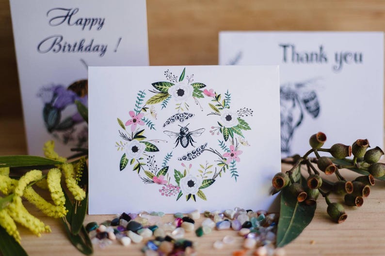 Hand sketch bees in floral arrangement. Pink Chrysanthemum , eco friendly recycled paper. FREE card with any gift pack image 2