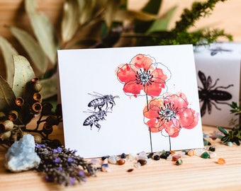 Red poppies and two bees blank card printed on eco friendly recycled paper, hand sketched bees