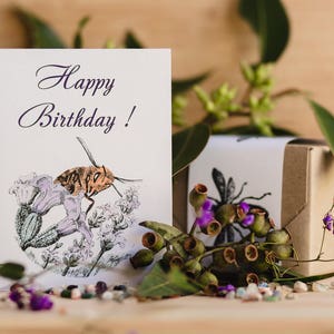 Birthday card with a bee on lavender. gift for gardener, beekeeper or anyone who loves nature. Hand sketch of a bee. FREE with any gift pack