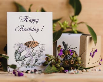 Birthday card with a bee on lavender. gift for gardener, beekeeper or anyone who loves nature. Hand sketch of a bee. FREE with any gift pack