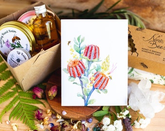 Blank watercolour card with banksia, grevillea and a honey bee, Australian native plants, Australian Christmas, Bee Merry