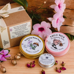 Ninas Bees lip balm withbeeswax and honey is a popular product that goes in most of ninas bees gift packs. this photo shows  a gift pack that is often bought as a gift for her or birthday gift. natural beauty choice