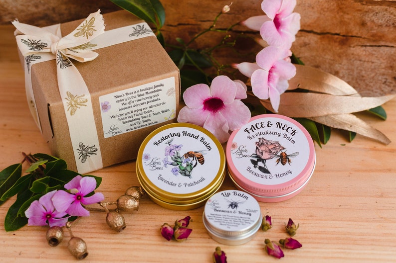 Ninas Bees lip balm withbeeswax and honey is a popular product that goes in most of ninas bees gift packs. this photo shows  a gift pack that is often bought as a gift for her or birthday gift. natural beauty choice