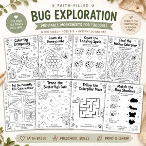 以下が含まれることがあります： 幼児向けの「Faith-Filled Bug Exploration」と題された8枚の印刷可能なワークシートセット。白黒のページには、トンボの塗り絵、ハチの巣の数え方、線のなぞり書き、迷路、虫の影合わせなどのアクティビティが含まれています。