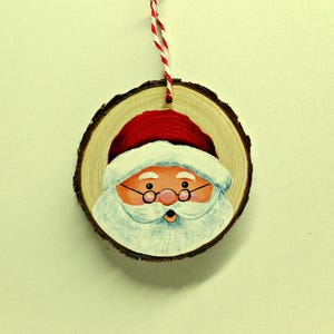 Hand Painted SANTA CLAUS Wood Slice Christmas Ornament SANTA with Reading Glasses Wooden Christmas Tree Decor Rustic Cabin Farmhouse