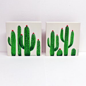 Hand Painted DESERT CACTUS on White Wooden Blocks Saguaro Cactus