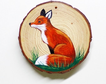 Cottagecore Hand Painted FOX Ornament on Wood Slice May Be Personalized