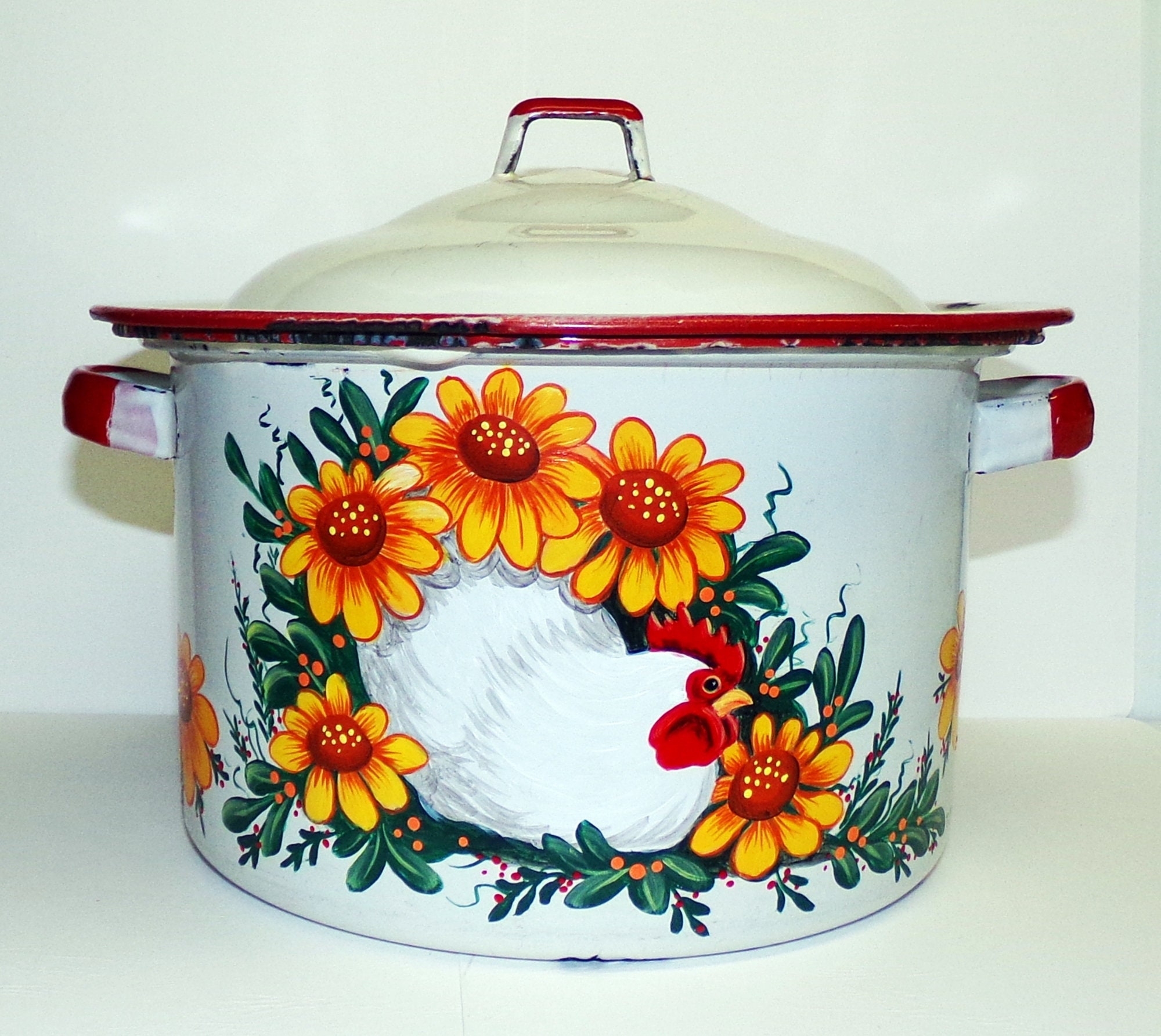 Vintage White & Red Enamel Pot With Lid Retro Colorful Enamelware Rustic  Kitchen Decor Large Stock Soup Pot Farmhouse Style Home 