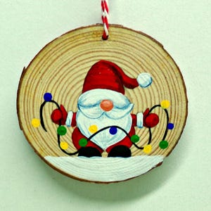 Hand Painted SANTA GNOME with Christmas Tree Lights on a Wood Slice Ornament