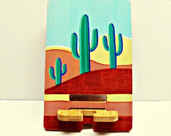 Hand Painted CACTUS DESERT SCENE on Wooden Desk Top Cell Phone Charging Station