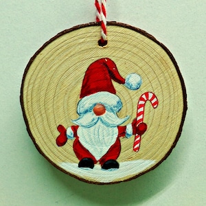 Hand Painted SANTA GNOME with a Candy Cane on a Wood Slice Ornament