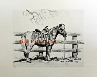 Art Print of a VINTAGE 1980s SHETLAND PONY Ranch Cowboy Cowgirl Saddle Rustic Southwestern Farm Decor Pencil Drawing 11 inches by 14 inches