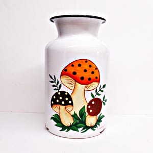 Hand Painted MERRY MUSHROOM Enamel UTENSIL Holder Storage Container Retro Vintage Mushrooms Farmhouse Milk Jug Kitchen Vase Cottagecore