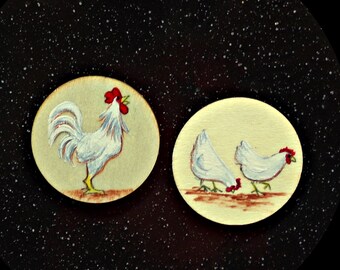 Hand Painted CHICKEN MAGNETS Set of 2 Small Two inch Wooden Magnets Kitchen Magnets Farmhouse Chicken Gift Refrigerator Magnets