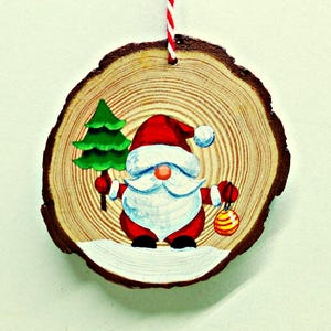 Hand Painted SANTA GNOME with Christmas Tree on a Wood Slice Ornament