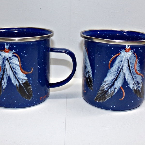 Hand Painted 2 Blue Enamel Cups with American Indian FEATHERS and Leather Lacing for Southwestern Western TIERED TRAY Trish McMurry Art