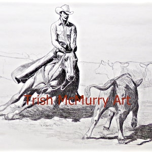 May include: A black and white pencil drawing of a cowboy on a horse, working cattle. The cowboy is wearing a hat and is leaning forward in the saddle. The horse is running and the cowboy is using a rope to herd the cattle. The drawing is signed "R. McMurry 1987" in the lower right corner.