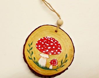 Hand Painted Mushroom Wood Slice Ornament: Cottagecore Nature  Wall Art